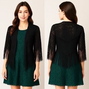 NWT Free People x Do Everything In Love Black Lace Fringe Kimono Shawl Cardigan